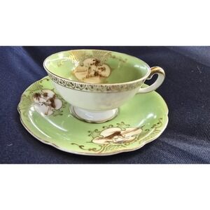 Vintage Ardalt Japan Verithin Tea Cup Saucer Set Green Gold Gilt Windmill 6219P